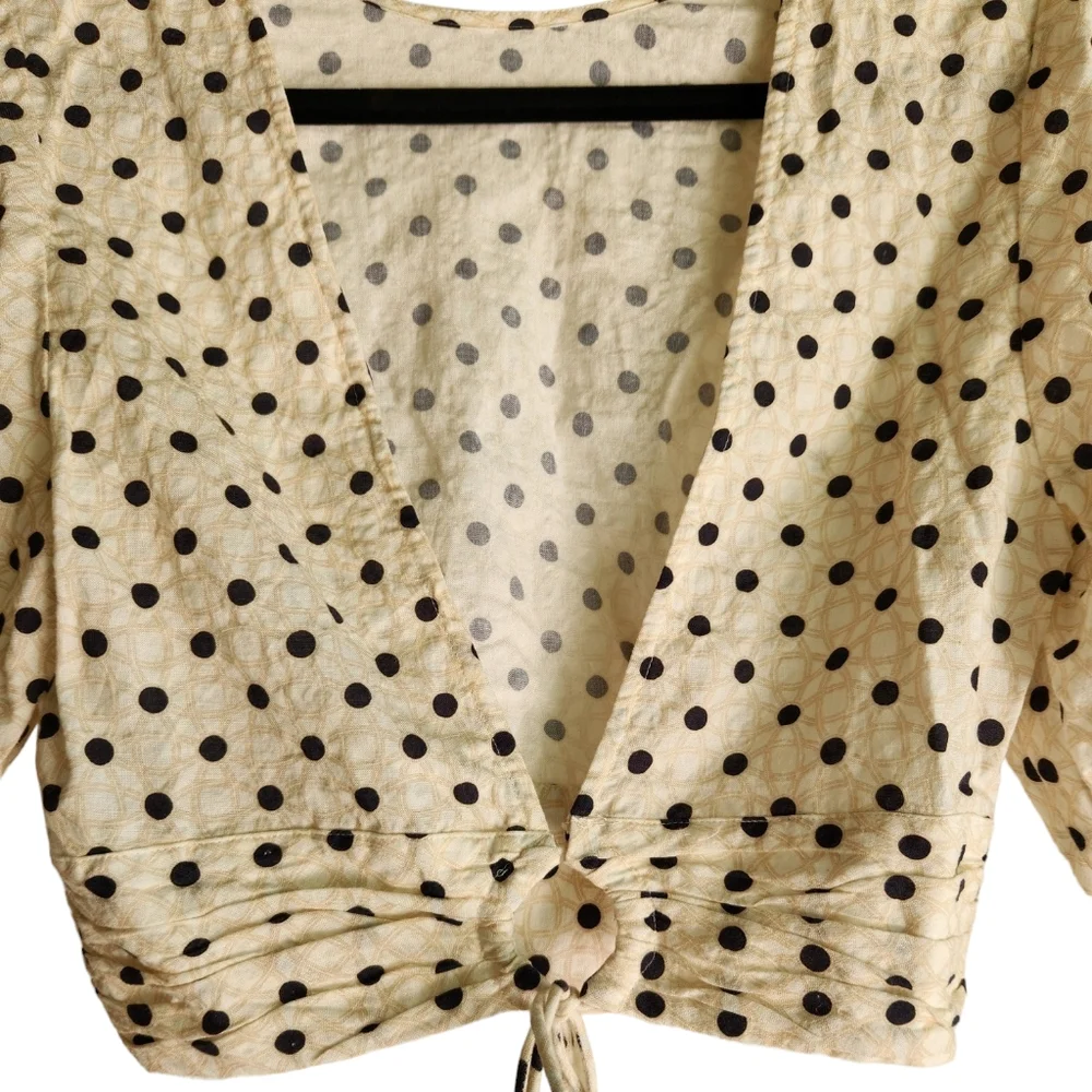 Peony Swimwear Resortwear Tie Front Crop Puff Sleeve Polka Dot Top - Picture 8 of 16
